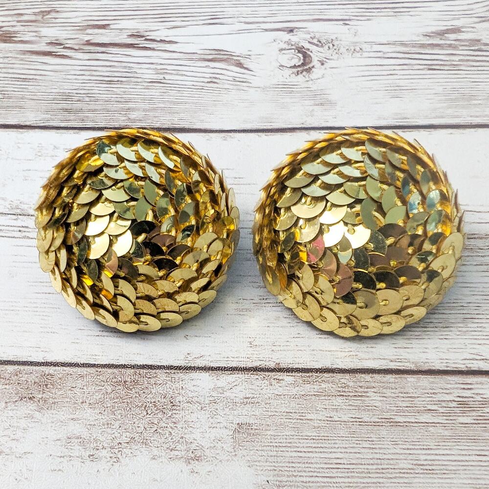 Vintage Clip On Earrings - Gold Tone Sequin Circle Large Statement